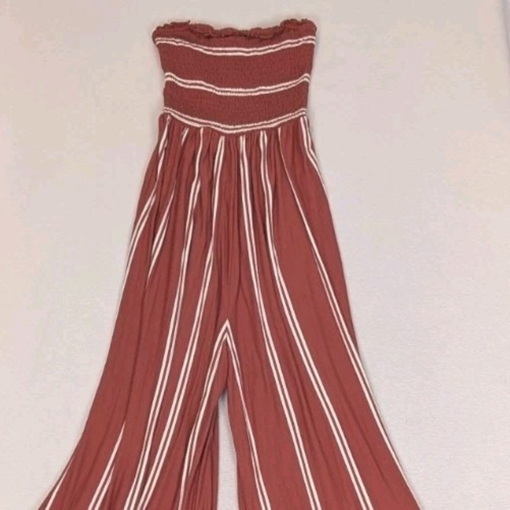 Strapless Wide Leg Jumpsuit Womens Small Brown Stripes Shirred Bodice Stretch BP